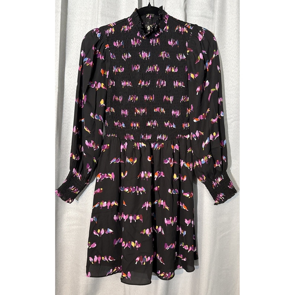 Kate Spade New York Love Birds Smocked Dress Size 00 Black Pink Mock Neck Mini